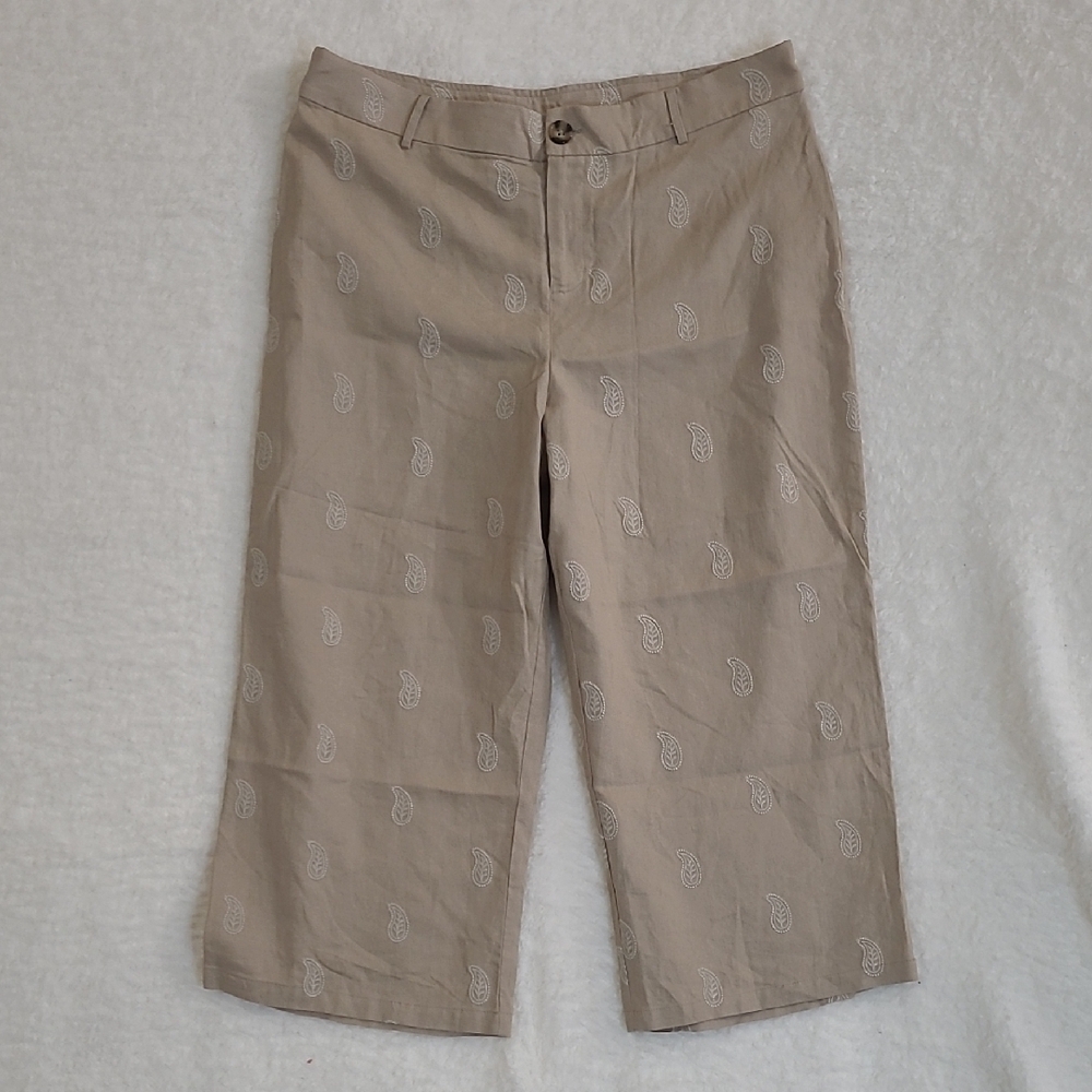 NWOT Calligraphie Dark Tan Linen Blend Cropped Pants with Embroidery Size 16